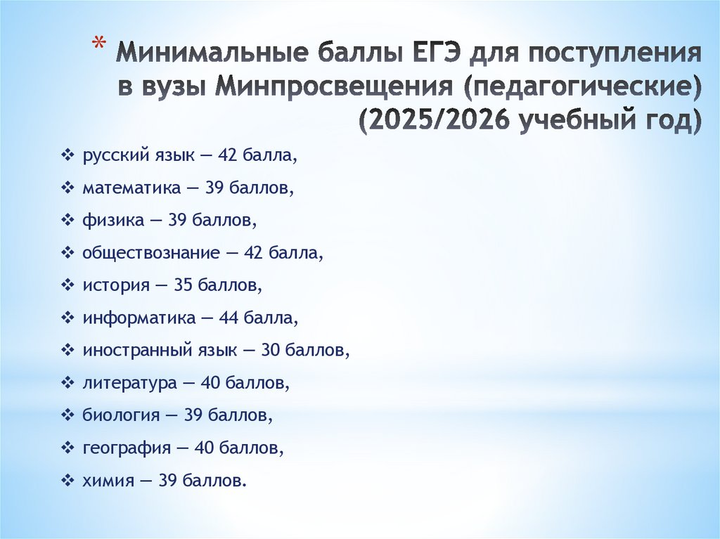 Минимальные баллы ЕГЭ для поступления в вузы Минпросвещения (педагогические) (2025/2026 учебный год)