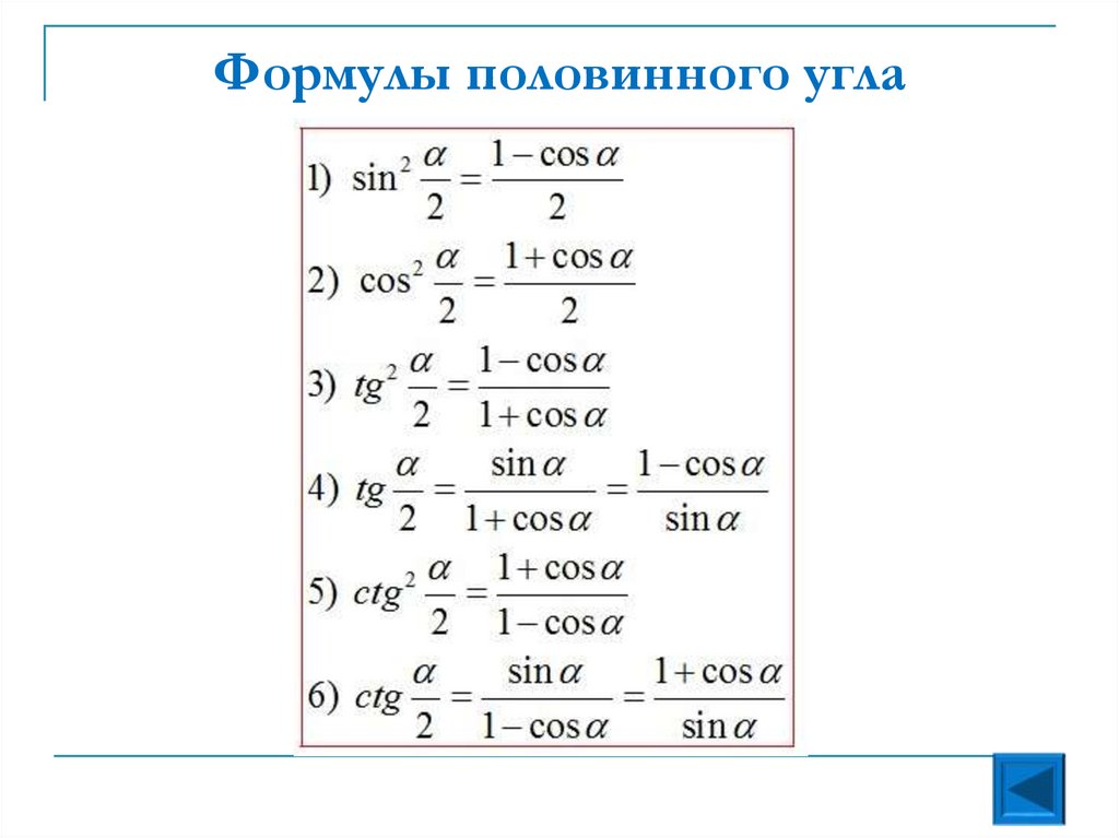 Формулы половинного угла