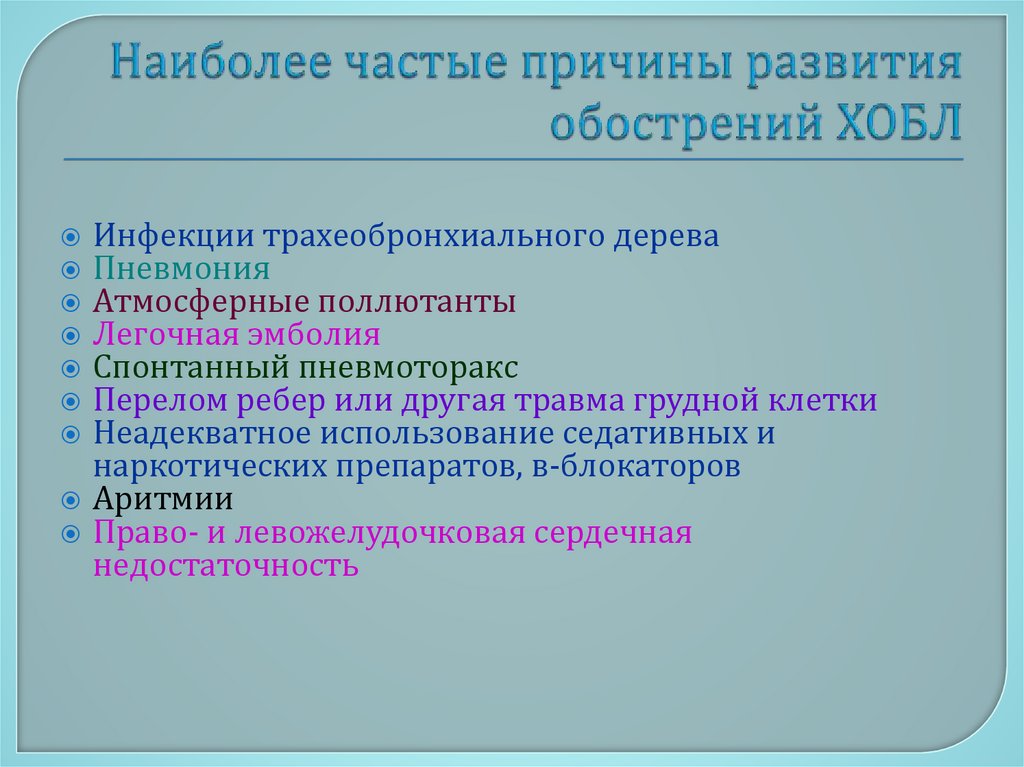 Наиболее частые причины развития обострений ХОБЛ