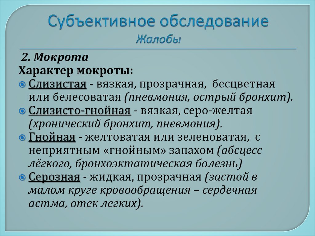 Субъективное обследование Жалобы