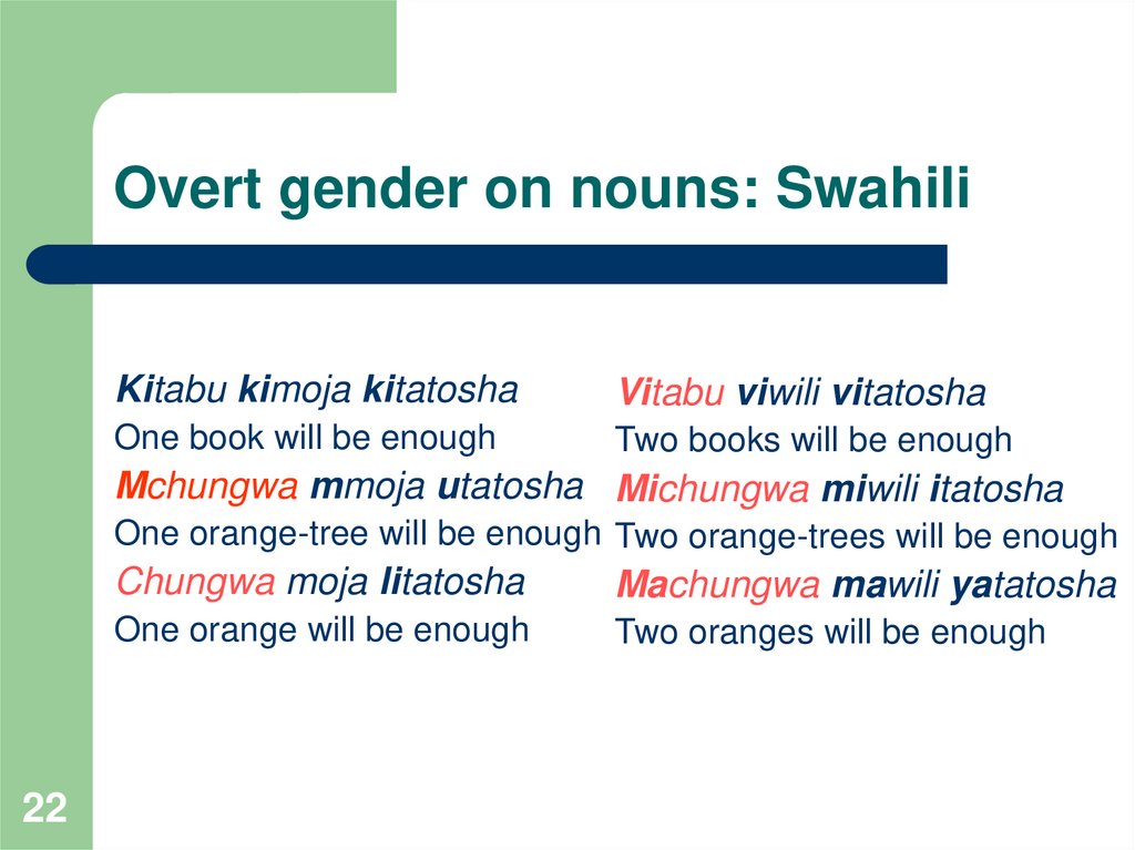 Overt gender on nouns: Swahili