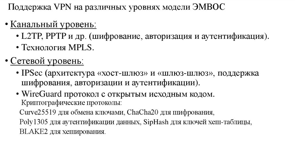 Поддержка VPN на различных уровнях модели ЭМВОС