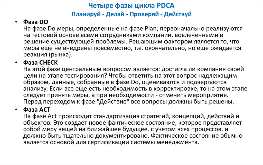 Четыре фазы цикла PDCA Планируй - Делай - Проверяй - Действуй