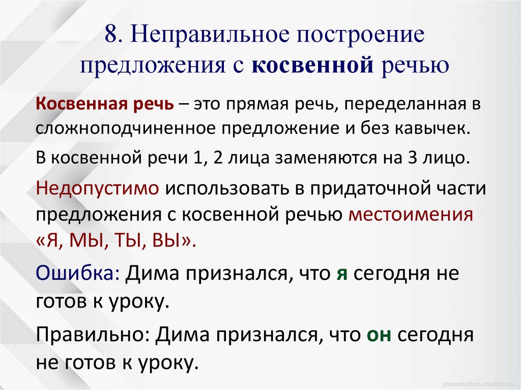 8. Неправильное построение предложения с косвенной речью