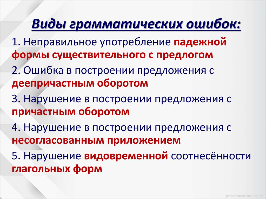 Виды грамматических ошибок: