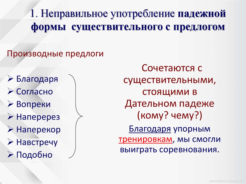 1. Неправильное употребление падежной формы существительного с предлогом