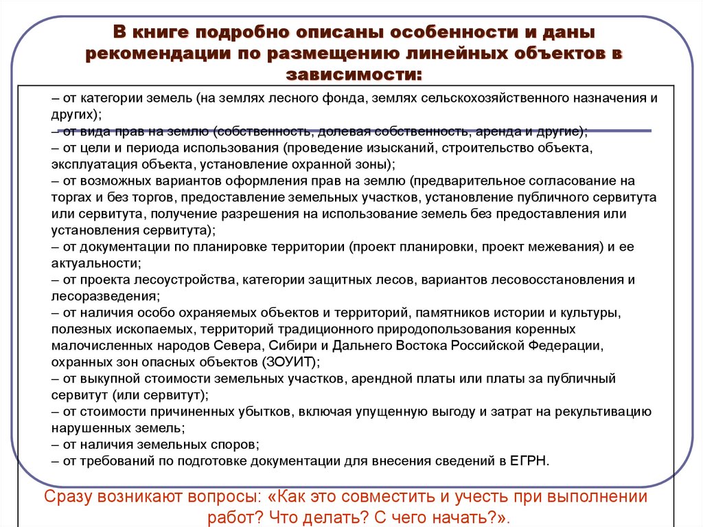 В книге подробно описаны особенности и даны рекомендации по размещению линейных объектов в зависимости: