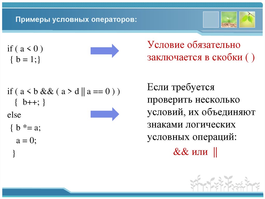 Примеры условных операторов: