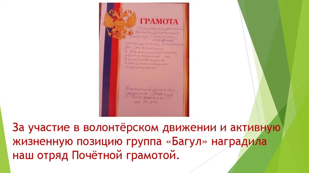 За участие в волонтёрском движении и активную жизненную позицию группа «Багул» наградила наш отряд Почётной грамотой.