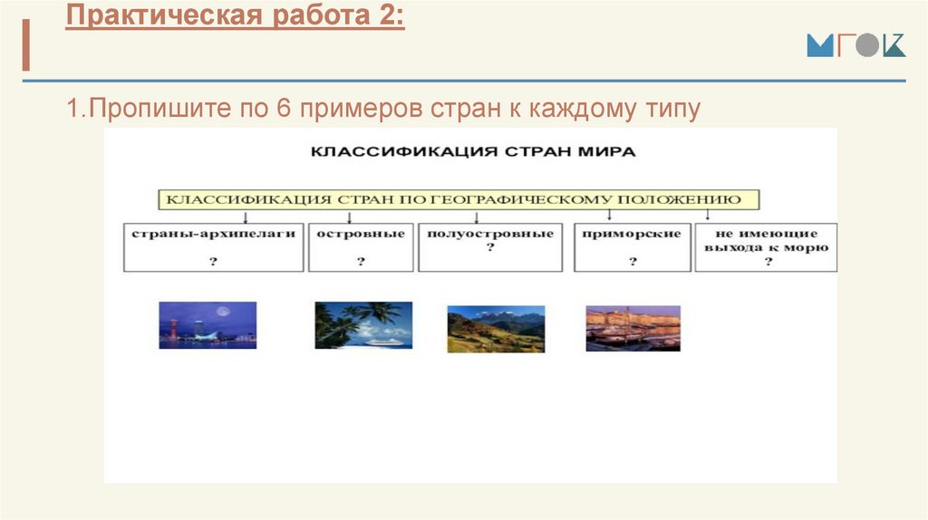 Практическая работа 2: 1.Пропишите по 6 примеров стран к каждому типу