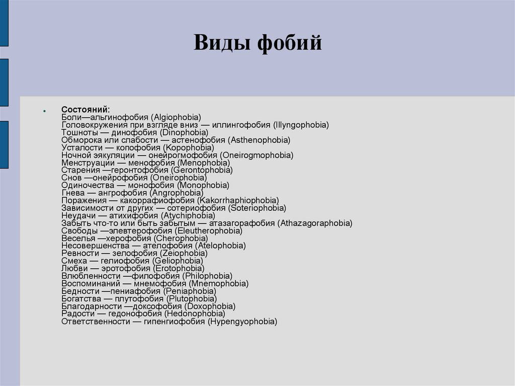 Виды фобий