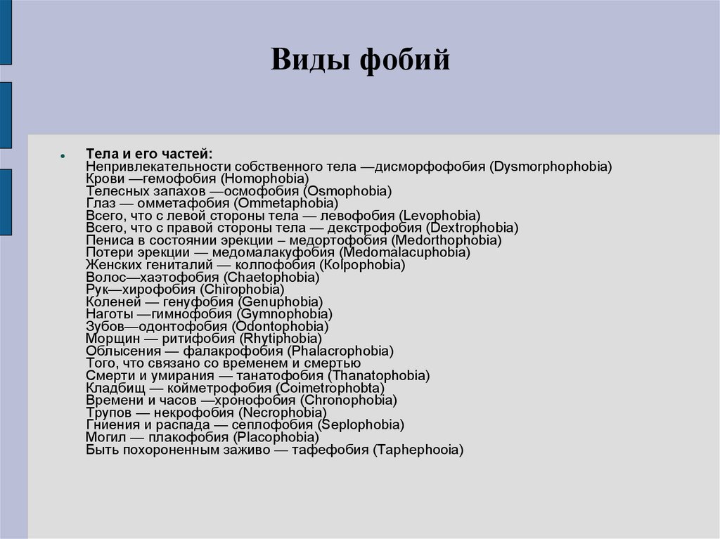 Виды фобий