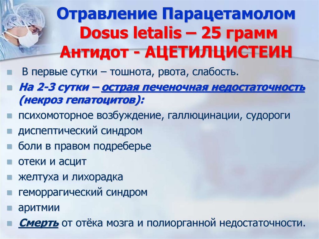 Отравление Парацетамолом Dosus letalis – 25 грамм Антидот - АЦЕТИЛЦИСТЕИН