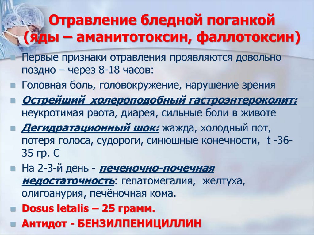 Отравление бледной поганкой (яды – аманитотоксин, фаллотоксин)