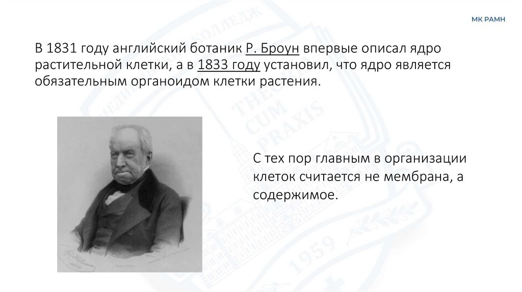 В 1831 году английский ботаник Р. Броун впервые описал ядро растительной клетки, а в 1833 году установил, что ядро является