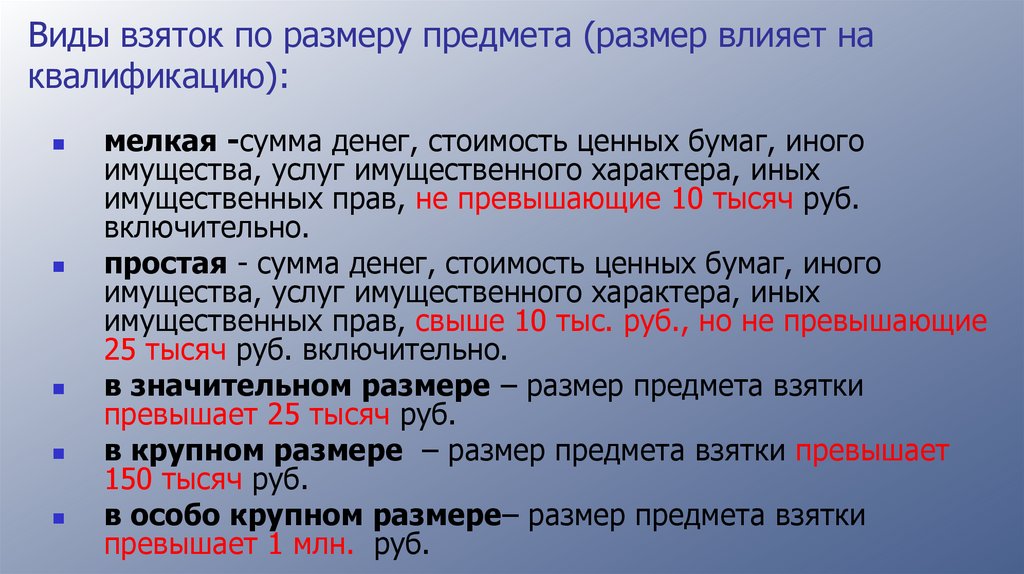 Виды взяток по размеру предмета (размер влияет на квалификацию):