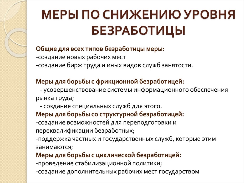МЕРЫ ПО СНИЖЕНИЮ УРОВНЯ БЕЗРАБОТИЦЫ