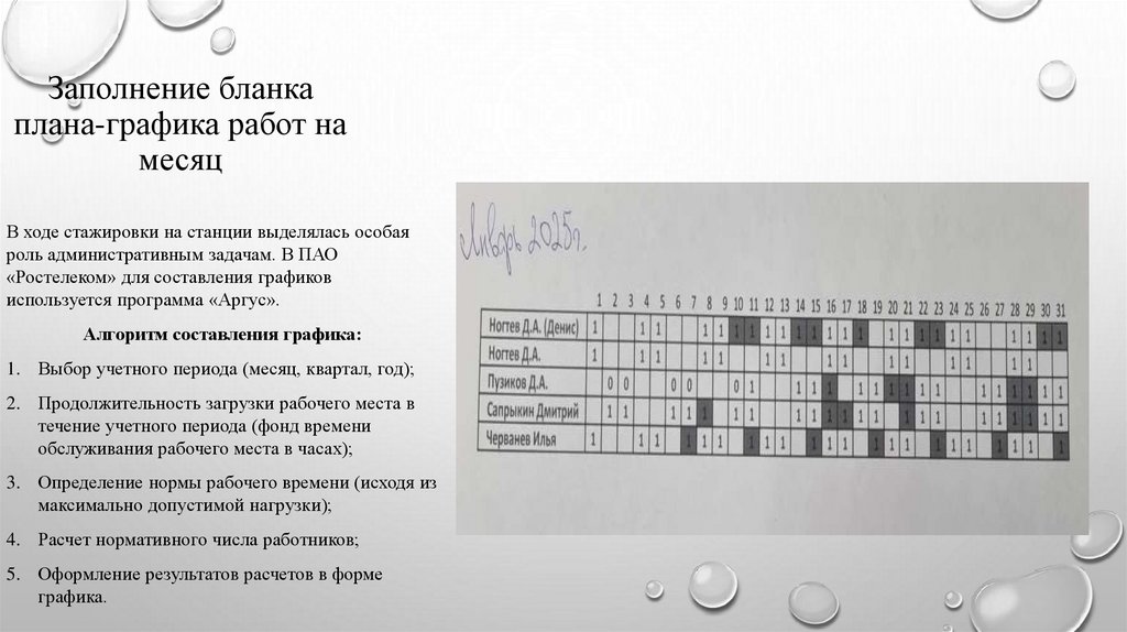 Заполнение бланка плана-графика работ на месяц