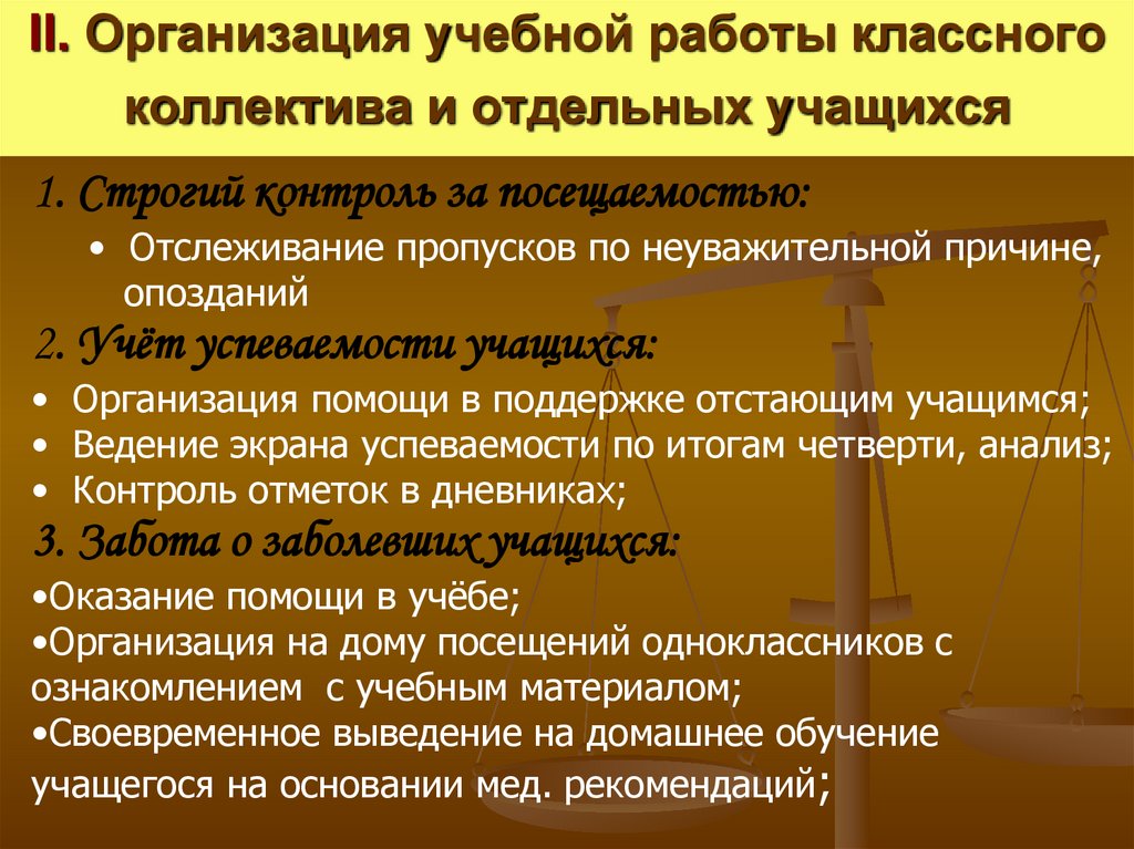 II. Организация учебной работы классного коллектива и отдельных учащихся