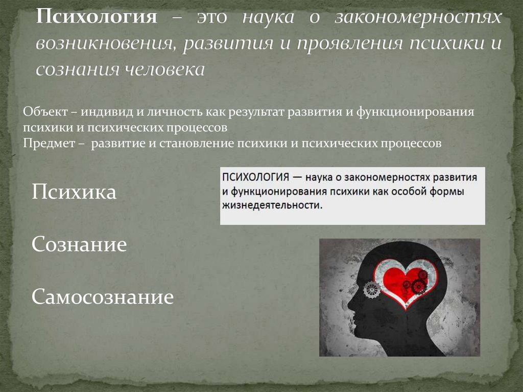 Психология – это наука о закономерностях возникновения, развития и проявления психики и сознания человека