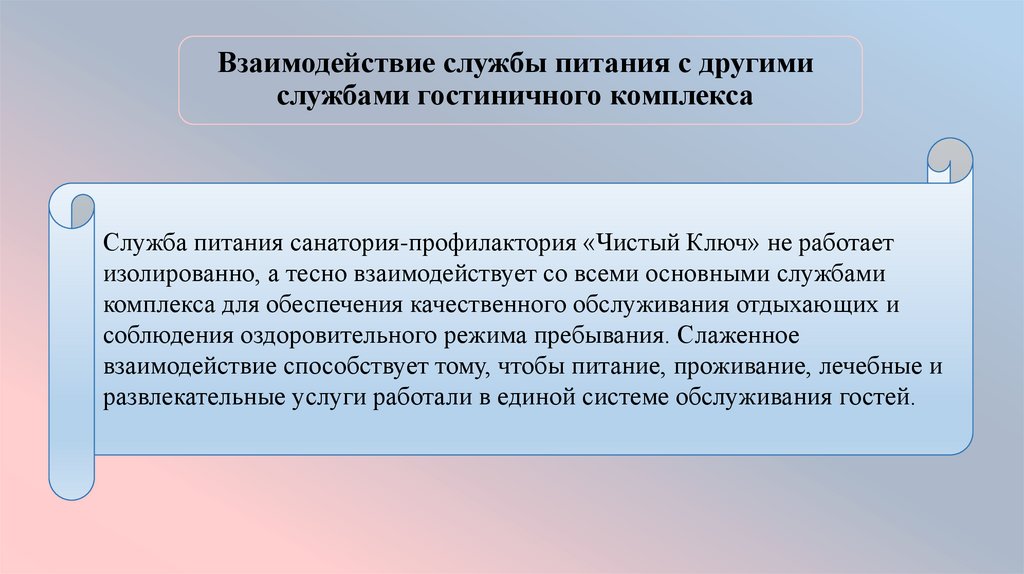 Взаимодействие службы питания с другими службами гостиничного комплекса