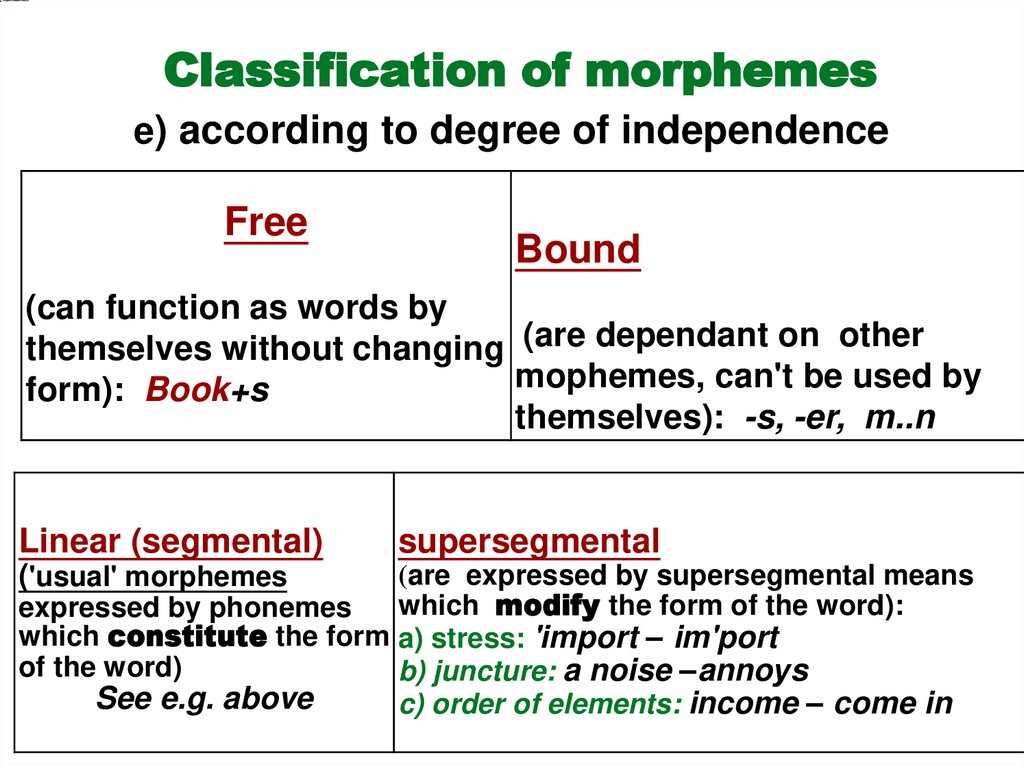 Classification of morphemes e) according to degree of independence