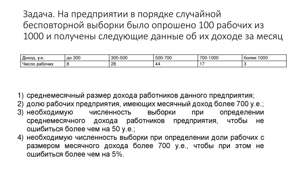 Задача. На предприятии в порядке случайной бесповторной выборки было опрошено 100 рабочих из 1000 и получены следующие данные