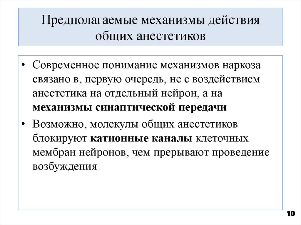 Предполагаемые механизмы действия общих анестетиков