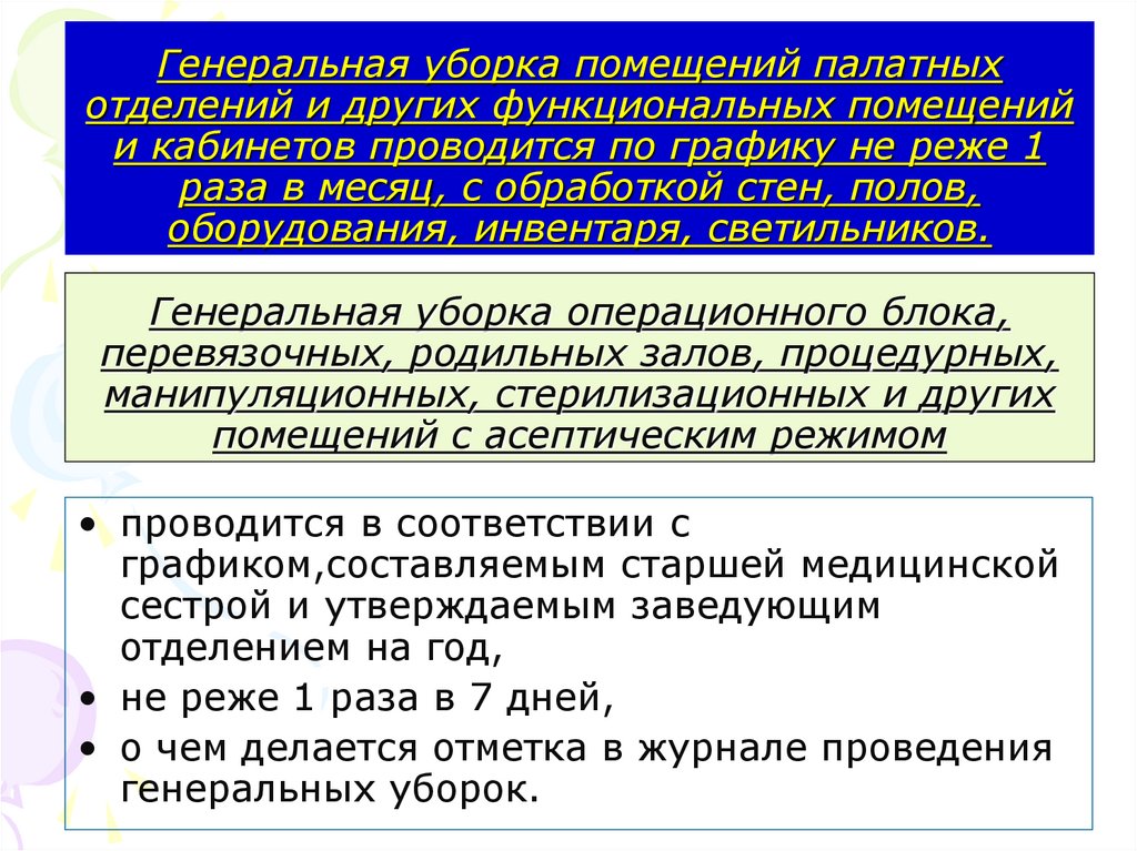 Генеральная уборка операционного блока, перевязочных, родильных залов, процедурных, манипуляционных, стерилизационных и других