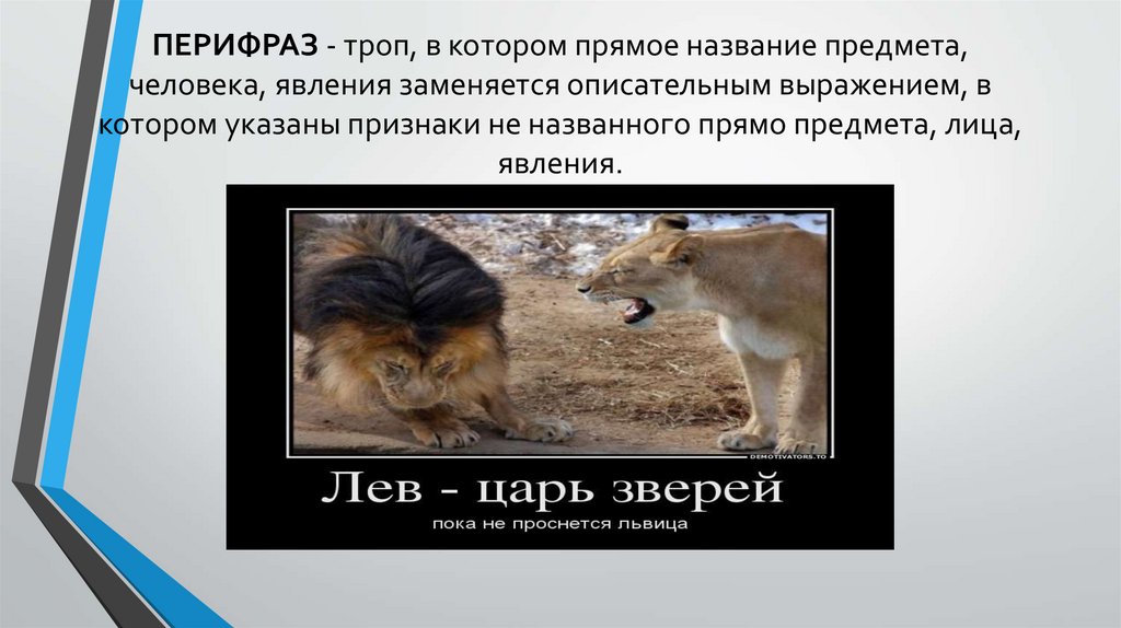 ПЕРИФРАЗ - троп, в котором прямое название предмета, человека, явления заменяется описательным выражением, в котором указаны