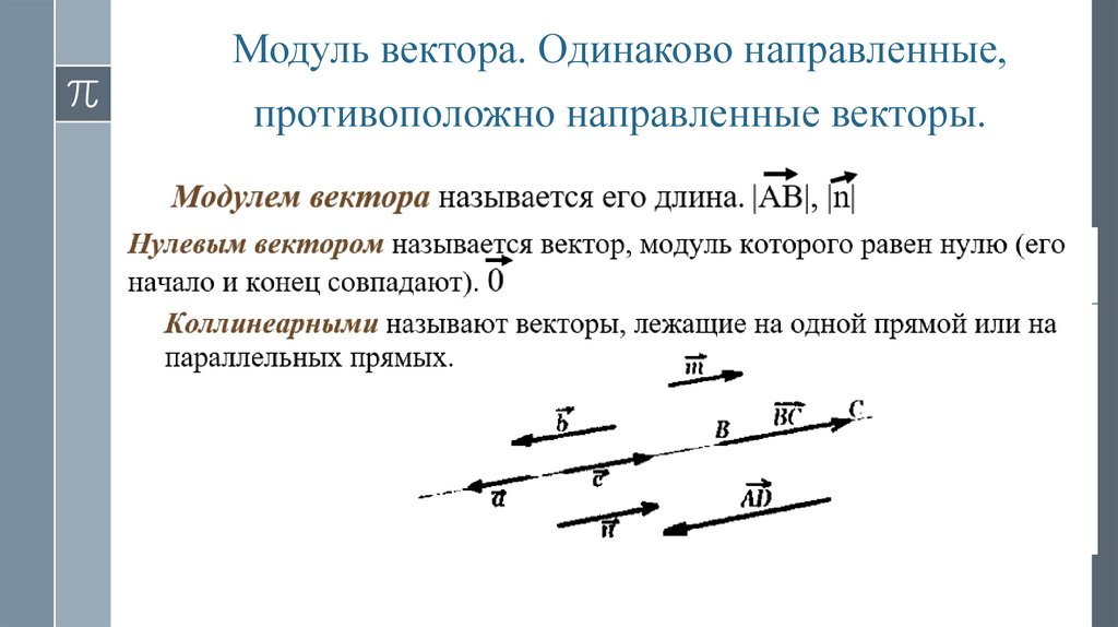Модуль вектора. Одинаково направленные, противоположно направленные векторы.