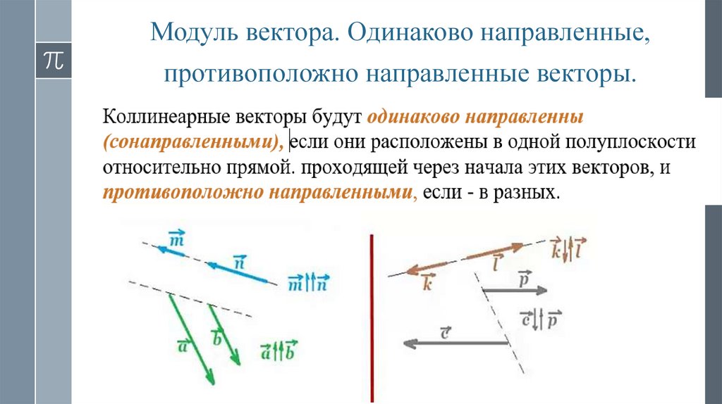 Модуль вектора. Одинаково направленные, противоположно направленные векторы.