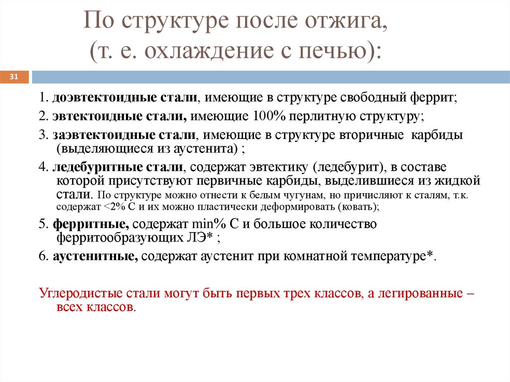 По структуре после отжига, (т. е. охлаждение с печью):