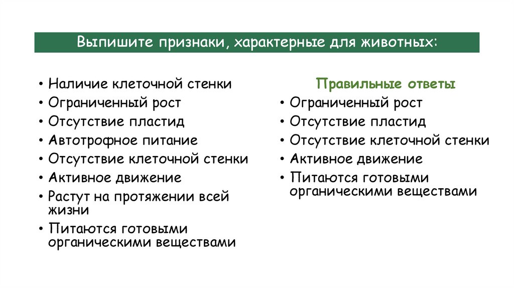 Выпишите признаки, характерные для животных:
