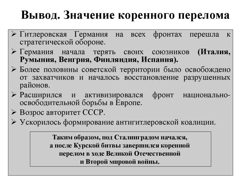 Вывод. Значение коренного перелома