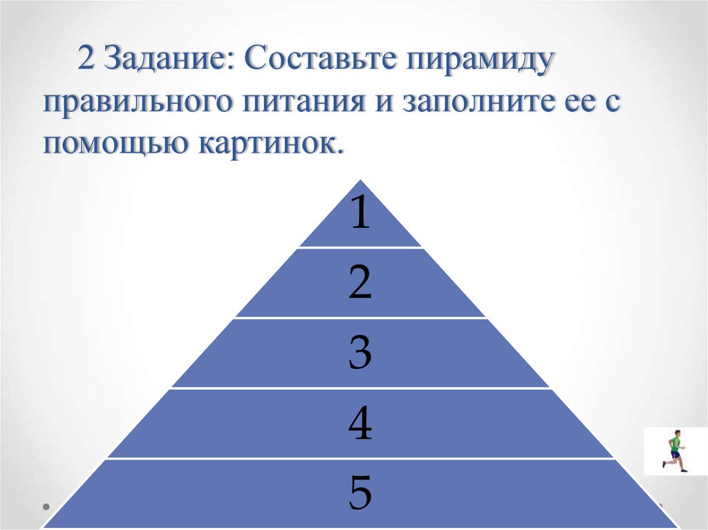 2 Задание: Составьте пирамиду правильного питания и заполните ее с помощью картинок.