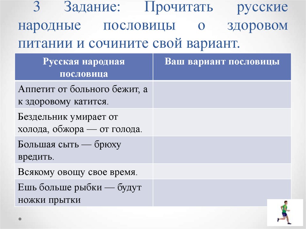 3 Задание: Прочитать русские народные пословицы о здоровом питании и сочините свой вариант.