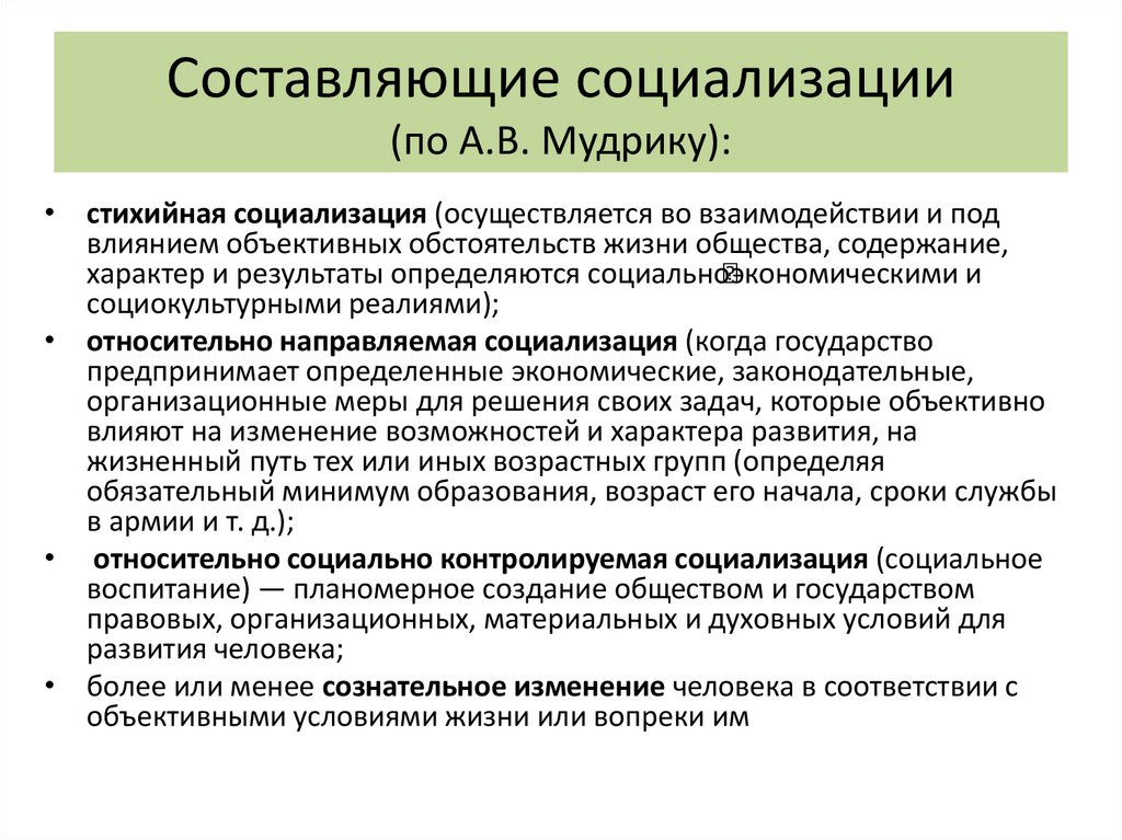 Составляющие социализации (по А.В. Мудрику):