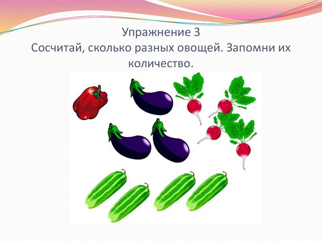 Упражнение 3 Сосчитай, сколько разных овощей. Запомни их количество.