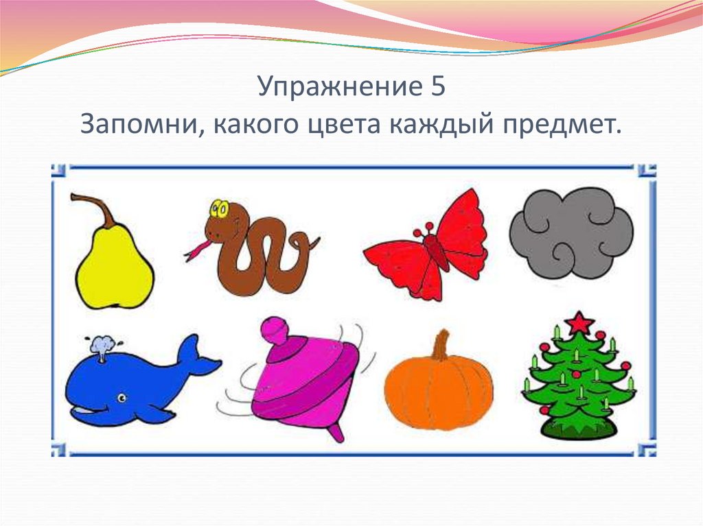 Упражнение 5 Запомни, какого цвета каждый предмет.