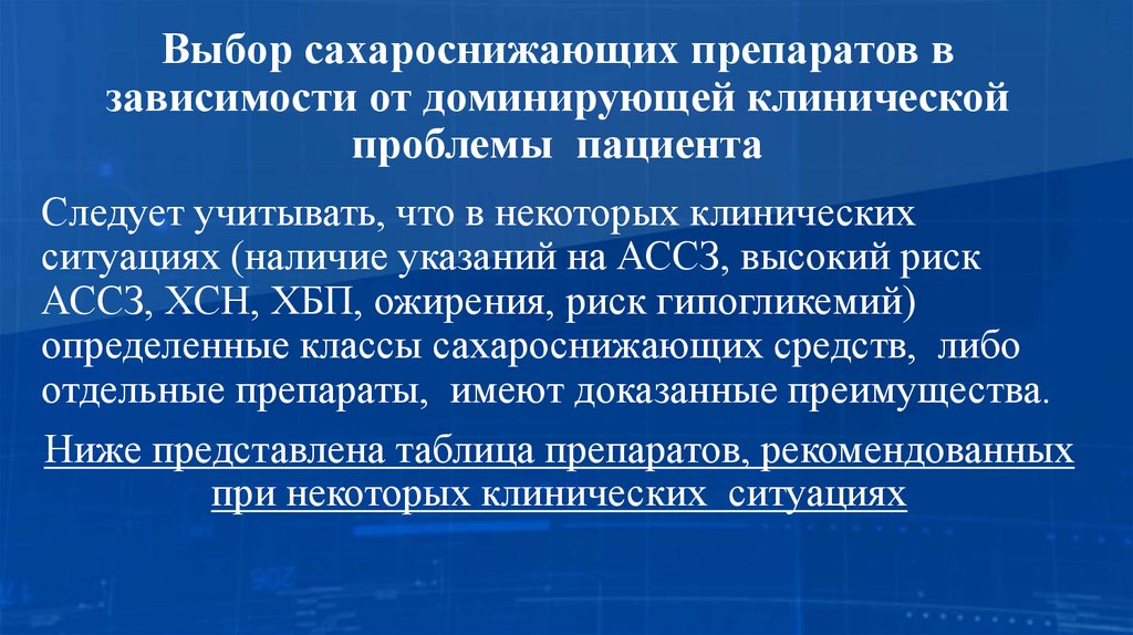 Выбор сахароснижающих препаратов в зависимости от доминирующей клинической проблемы пациента