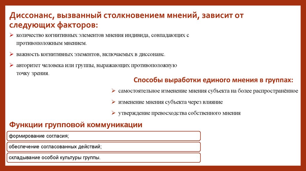 Диссонанс, вызванный столкновением мнений, зависит от следующих факторов: