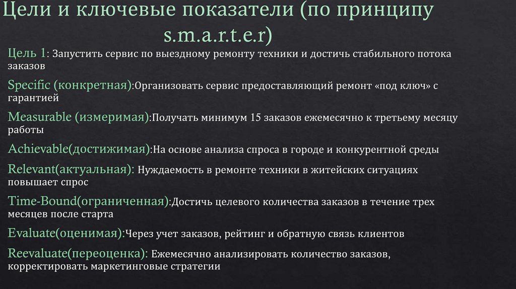 Цели и ключевые показатели (по принципу s.m.a.r.t.e.r)