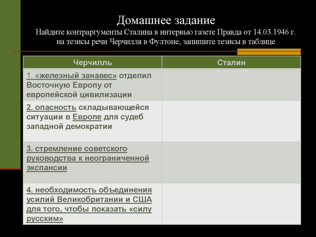 Домашнее задание Найдите контраргументы Сталина в интервью газете Правда от 14.03.1946 г. на тезисы речи Черчилля в Фултоне,