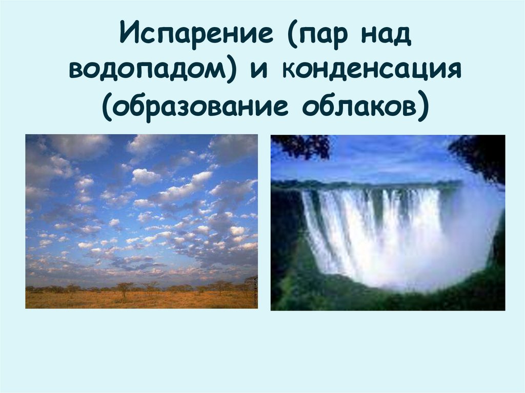 Испарение (пар над водопадом) и конденсация (образование облаков)