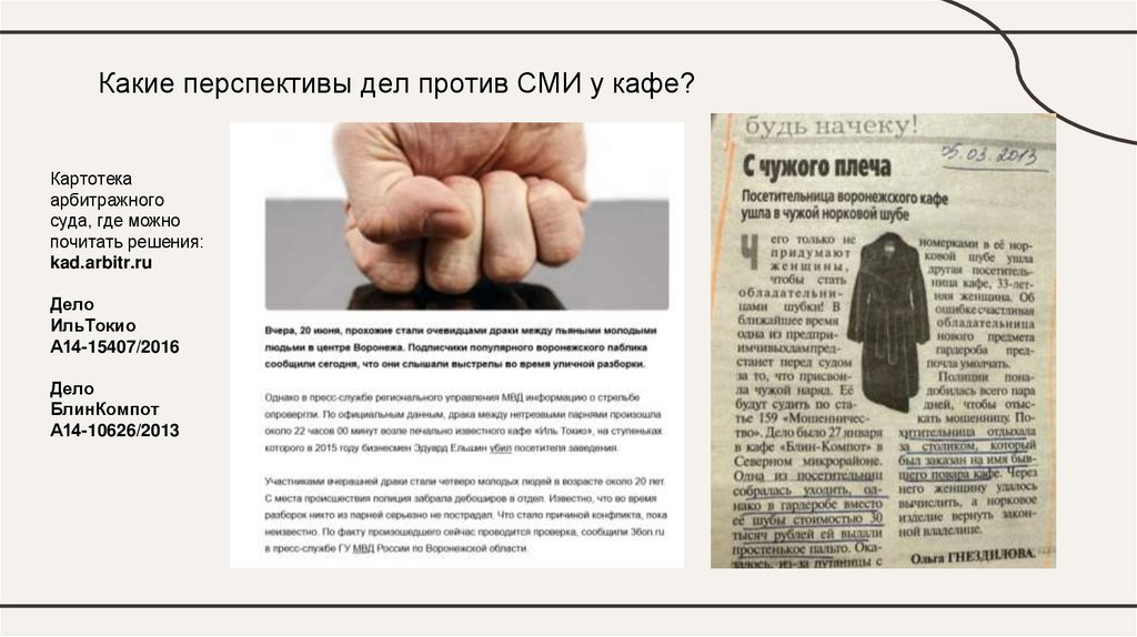 Какие перспективы дел против СМИ у кафе?