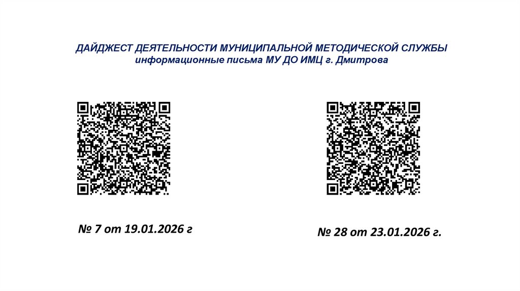 ДАЙДЖЕСТ ДЕЯТЕЛЬНОСТИ МУНИЦИПАЛЬНОЙ МЕТОДИЧЕСКОЙ СЛУЖБЫ информационные письма МУ ДО ИМЦ г. Дмитрова