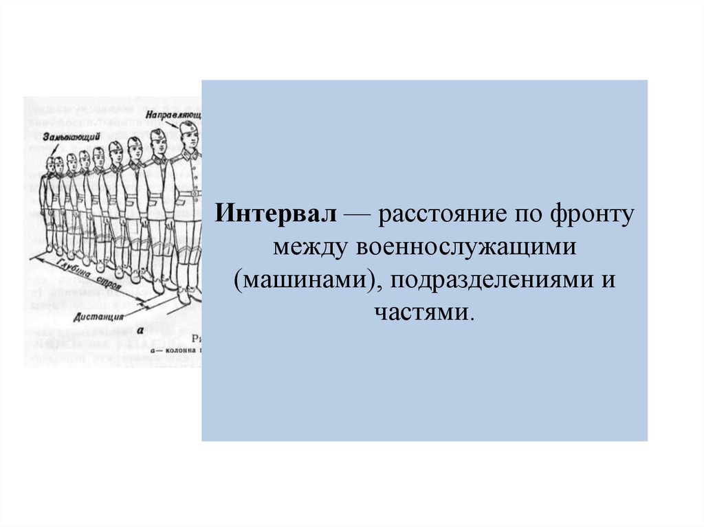 Интервал — расстояние по фронту между военнослужащими (машинами), подразделениями и частями.
