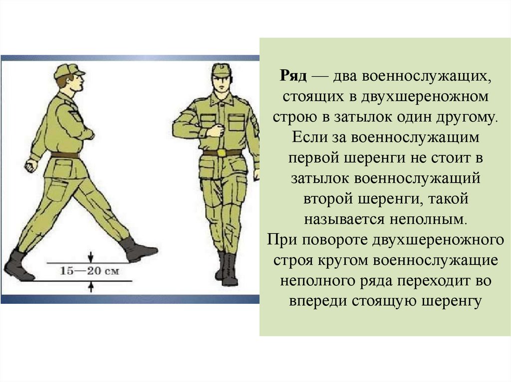 Ряд — два военнослужащих, стоящих в двухшереножном строю в затылок один другому. Если за военнослужащим первой шеренги не стоит