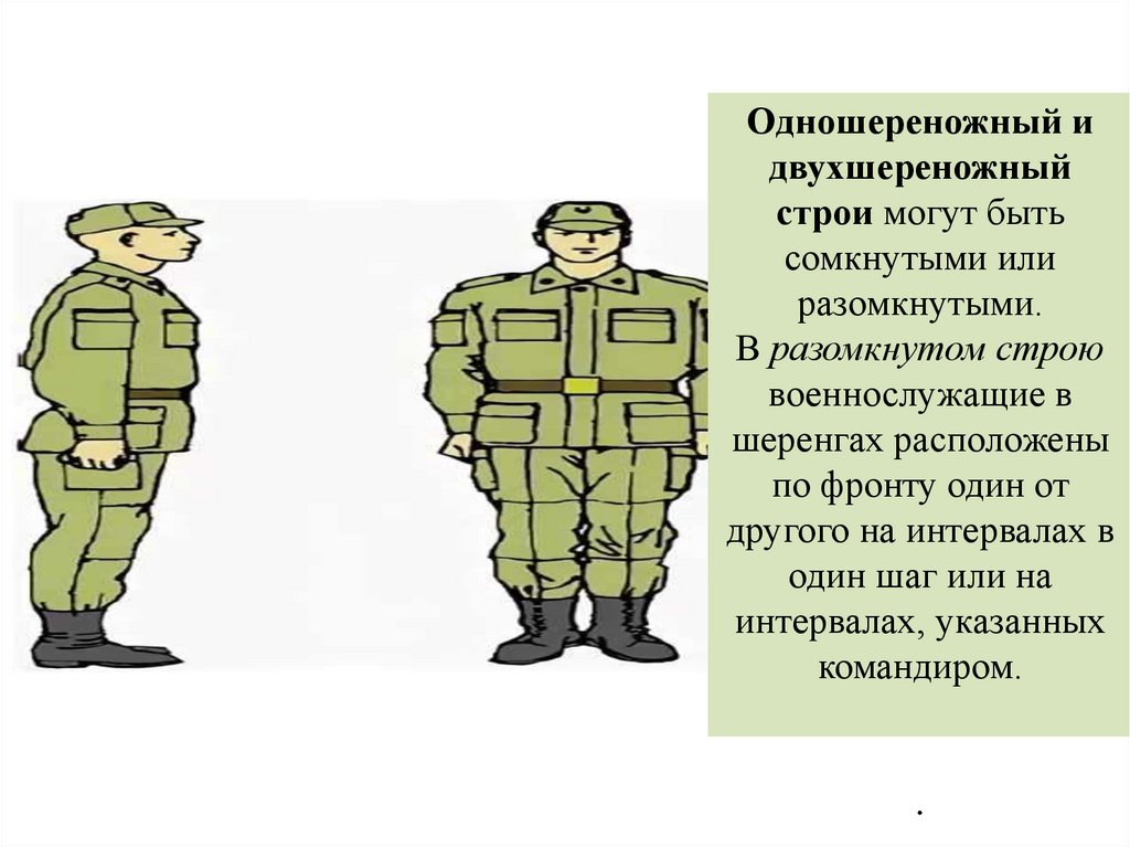 Одношереножный и двухшереножный строи могут быть сомкнутыми или разомкнутыми. В разомкнутом строю военнослужащие в шеренгах